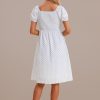 Wholesale Floral Short Sleeve Square Neck Button Front Midi Dress White