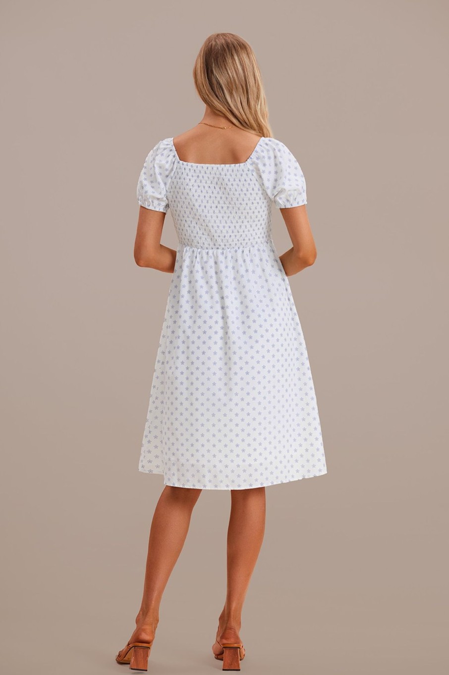 Wholesale Floral Short Sleeve Square Neck Button Front Midi Dress White