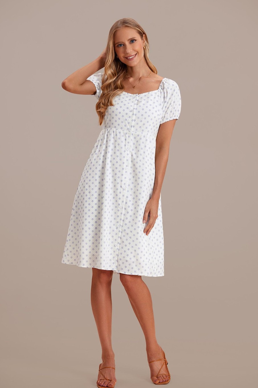 Wholesale Floral Short Sleeve Square Neck Button Front Midi Dress White