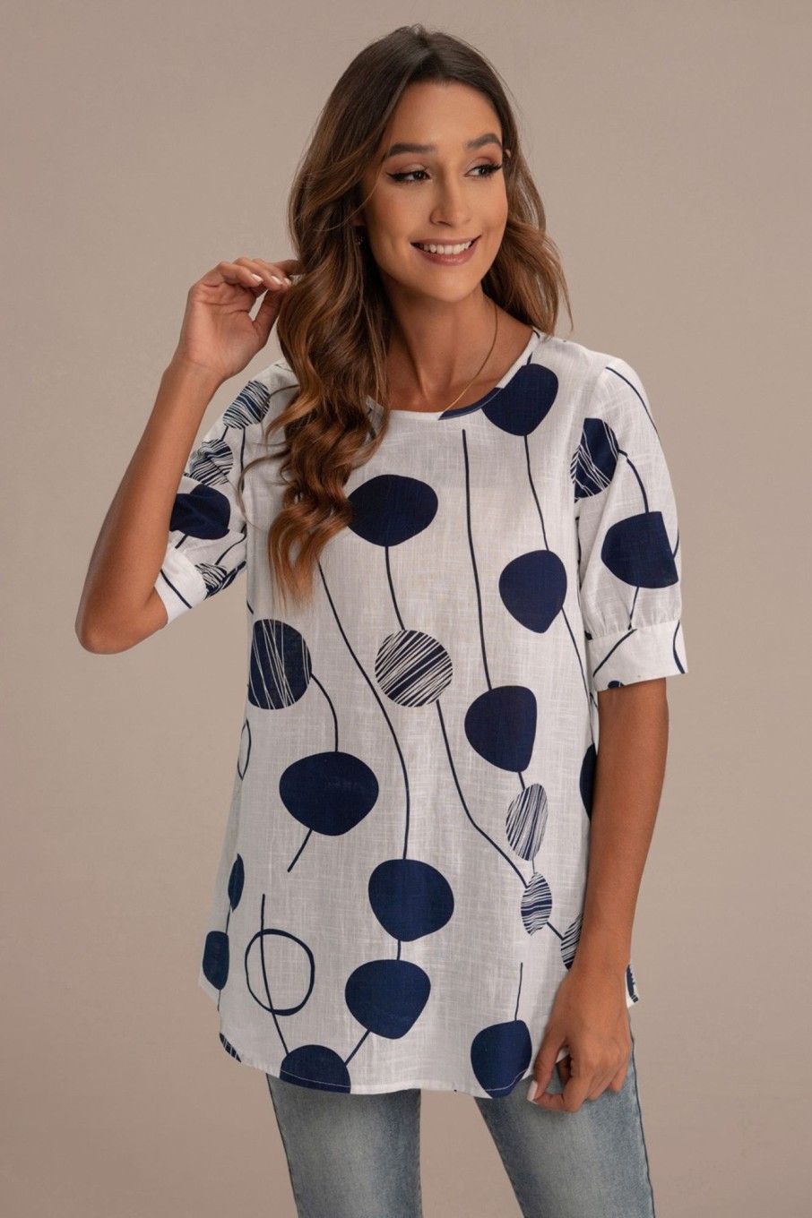 Clearance Polka Dot Round Neck Half Sleeve Longline Blouse White