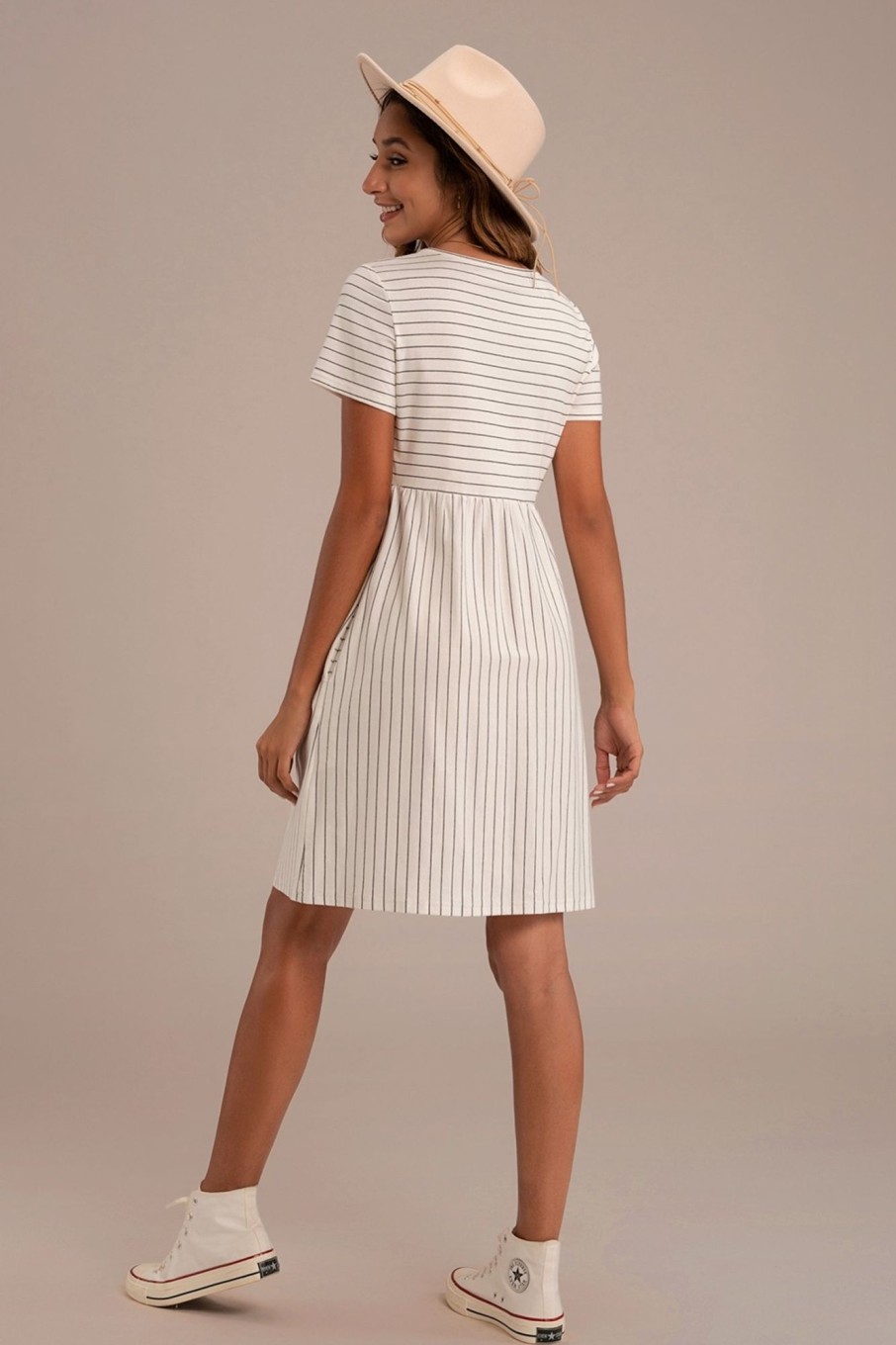 Wholesale Stripe Short Sleeve Round Neck Midi Dress With Pockets Cream