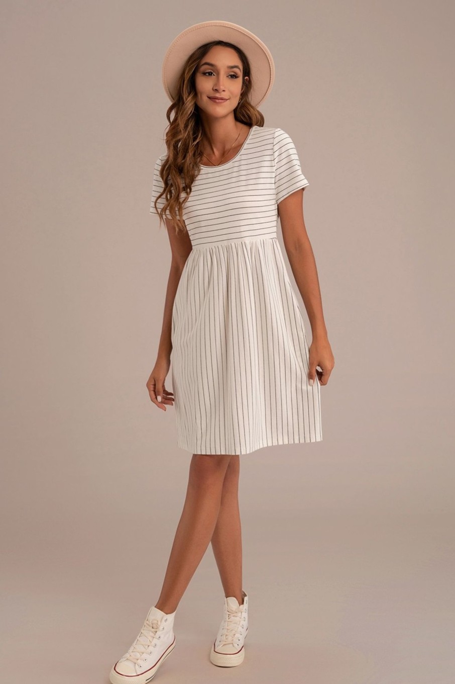 Wholesale Stripe Short Sleeve Round Neck Midi Dress With Pockets Cream