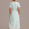 Online Floral Short Sleeve Round Neck Elastic Waist Midi Dress Multi