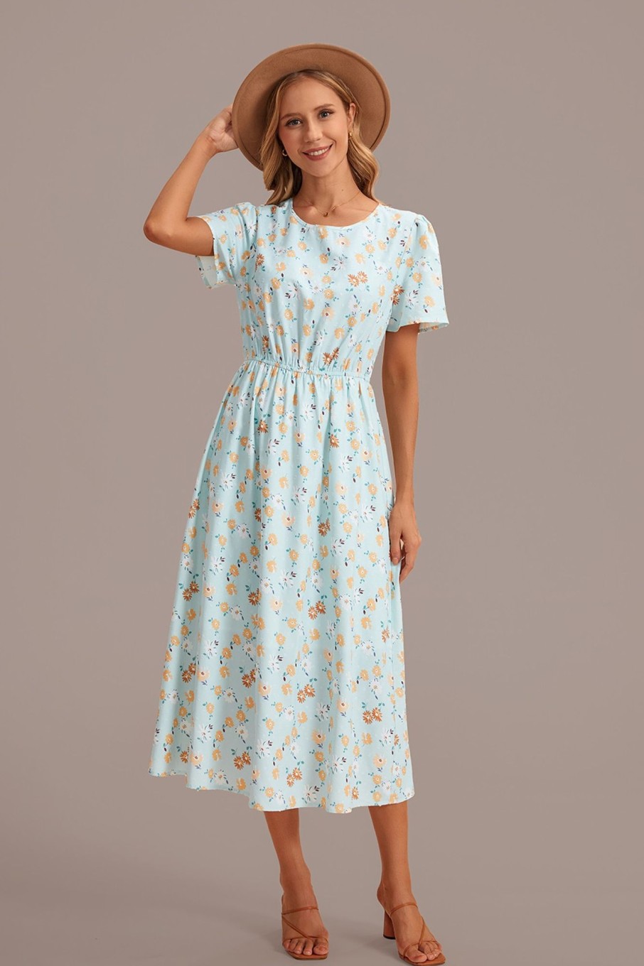 Online Floral Short Sleeve Round Neck Elastic Waist Midi Dress Multi