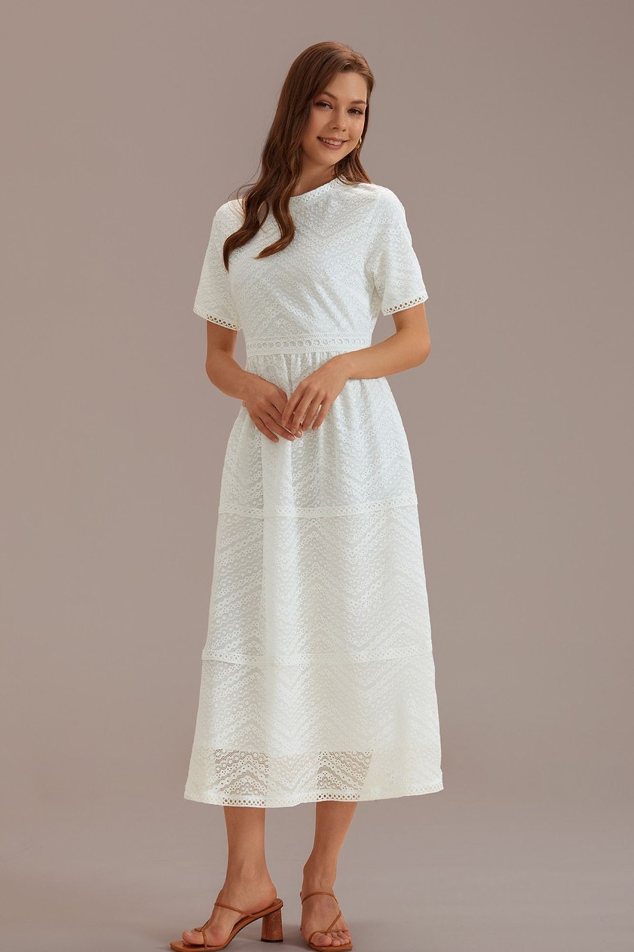 Best High Neck Short Sleeve Lace Maxi Dress Cream