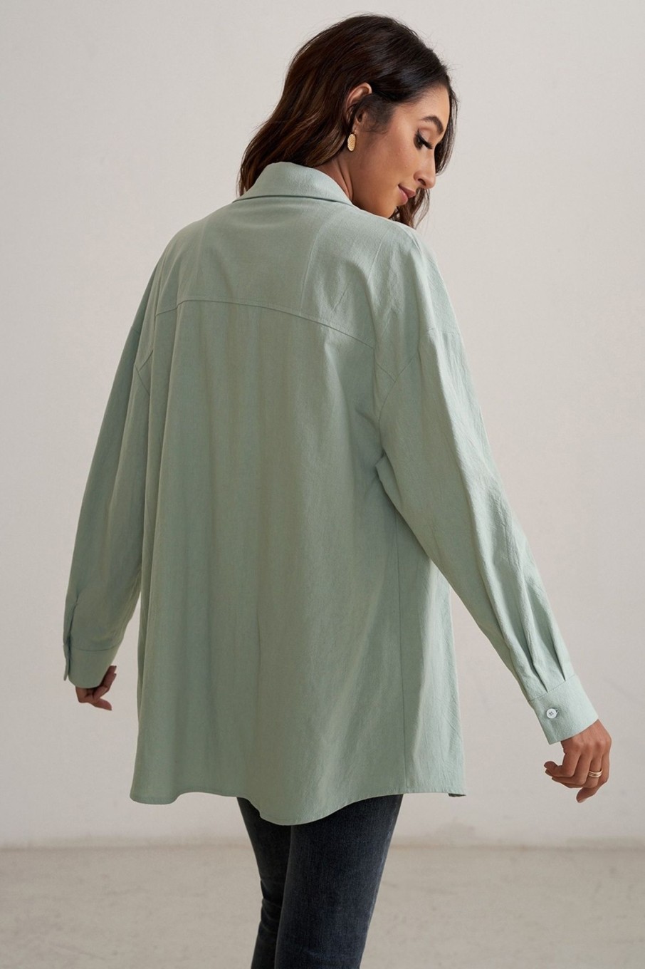 Best Green Long Sleeve Classic Neck Buttons Jacket Shirt Shacket Dusty