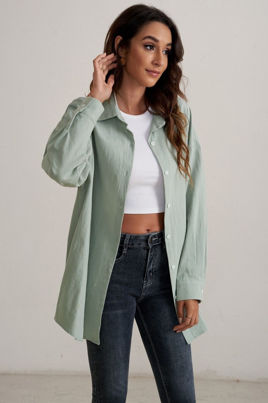 Best Green Long Sleeve Classic Neck Buttons Jacket Shirt Shacket Dusty