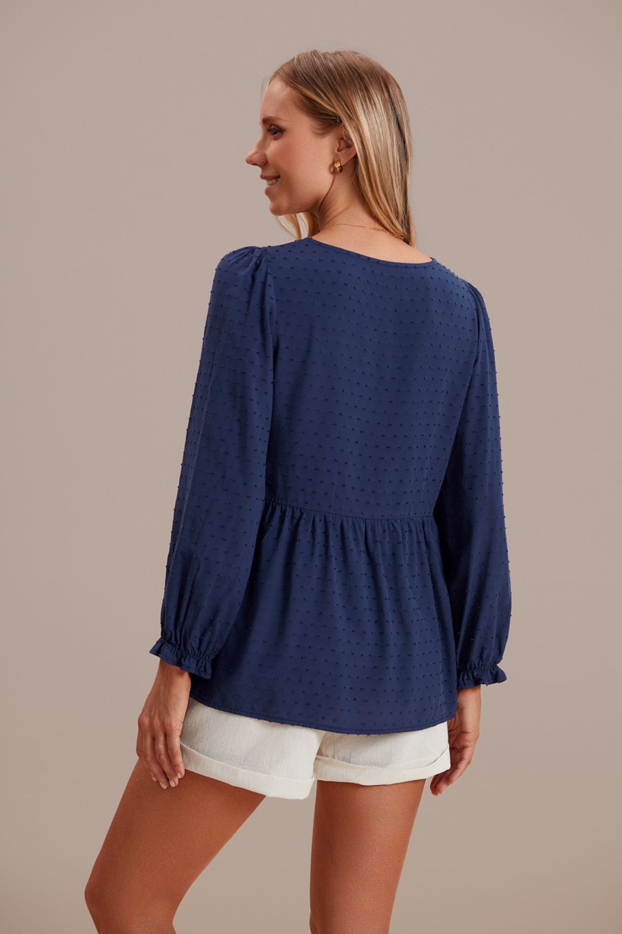 Wholesale Swiss Dot Long Ruffle Sleeve Blouse Blue