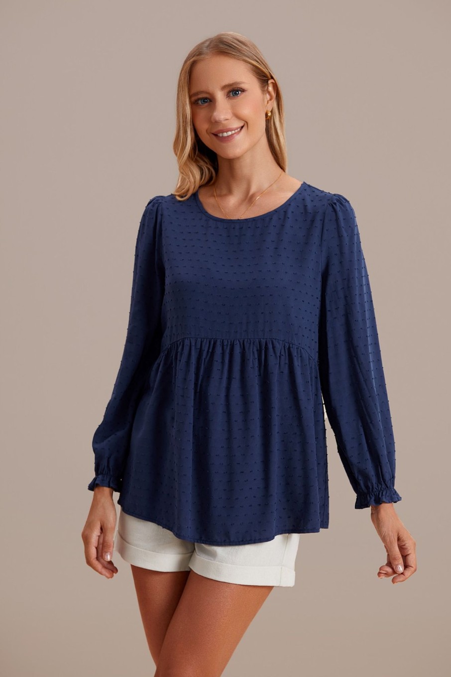 Wholesale Swiss Dot Long Ruffle Sleeve Blouse Blue