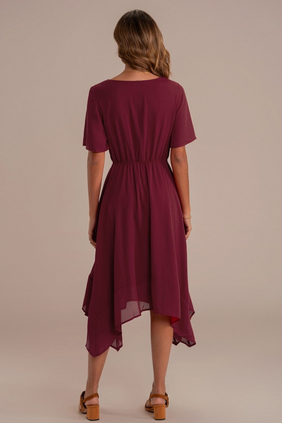 Wholesale Short Sleeve Round Neck Elastic Waist Asymmetrical Hem Midi Dress