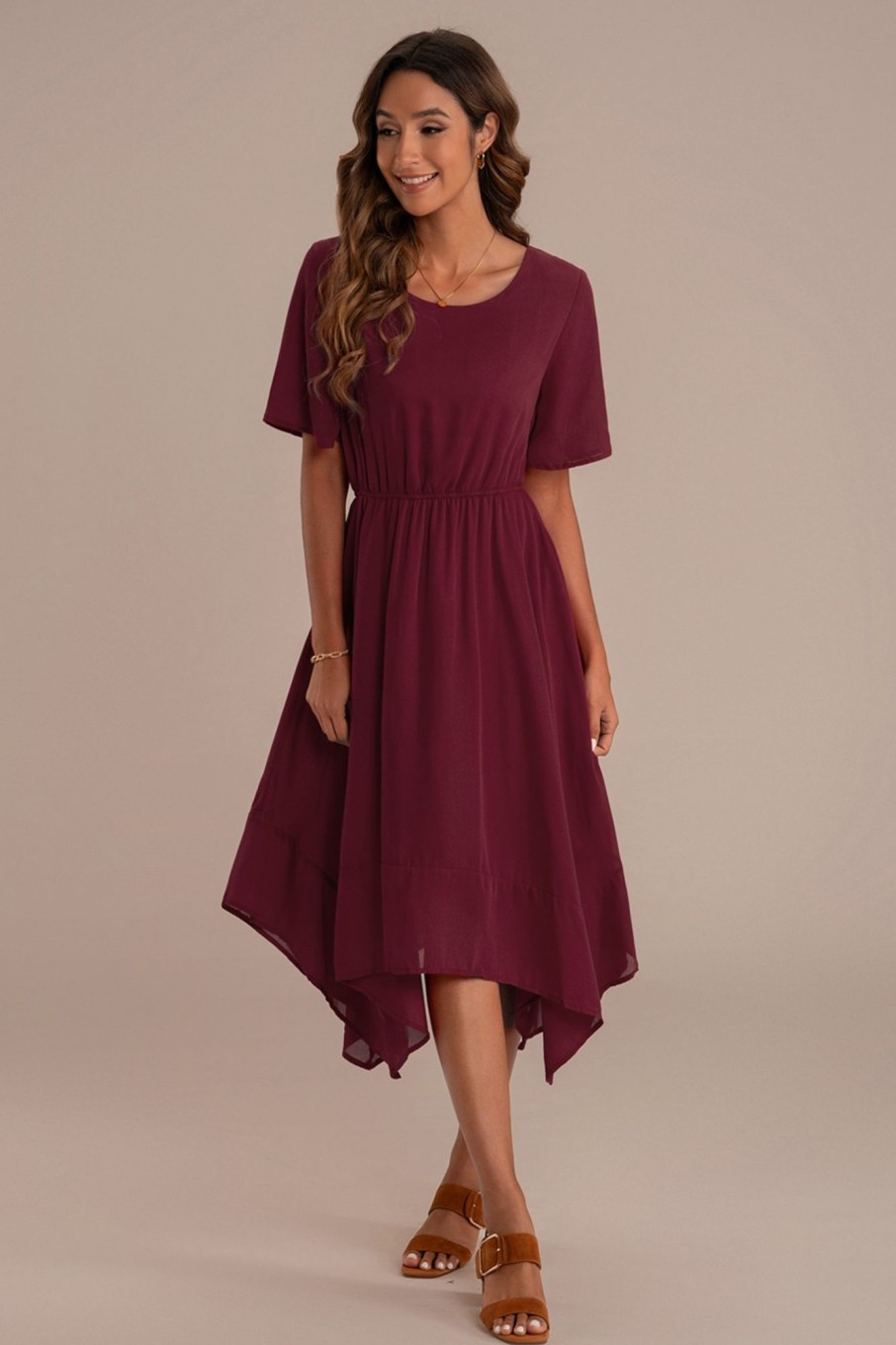 Wholesale Short Sleeve Round Neck Elastic Waist Asymmetrical Hem Midi Dress