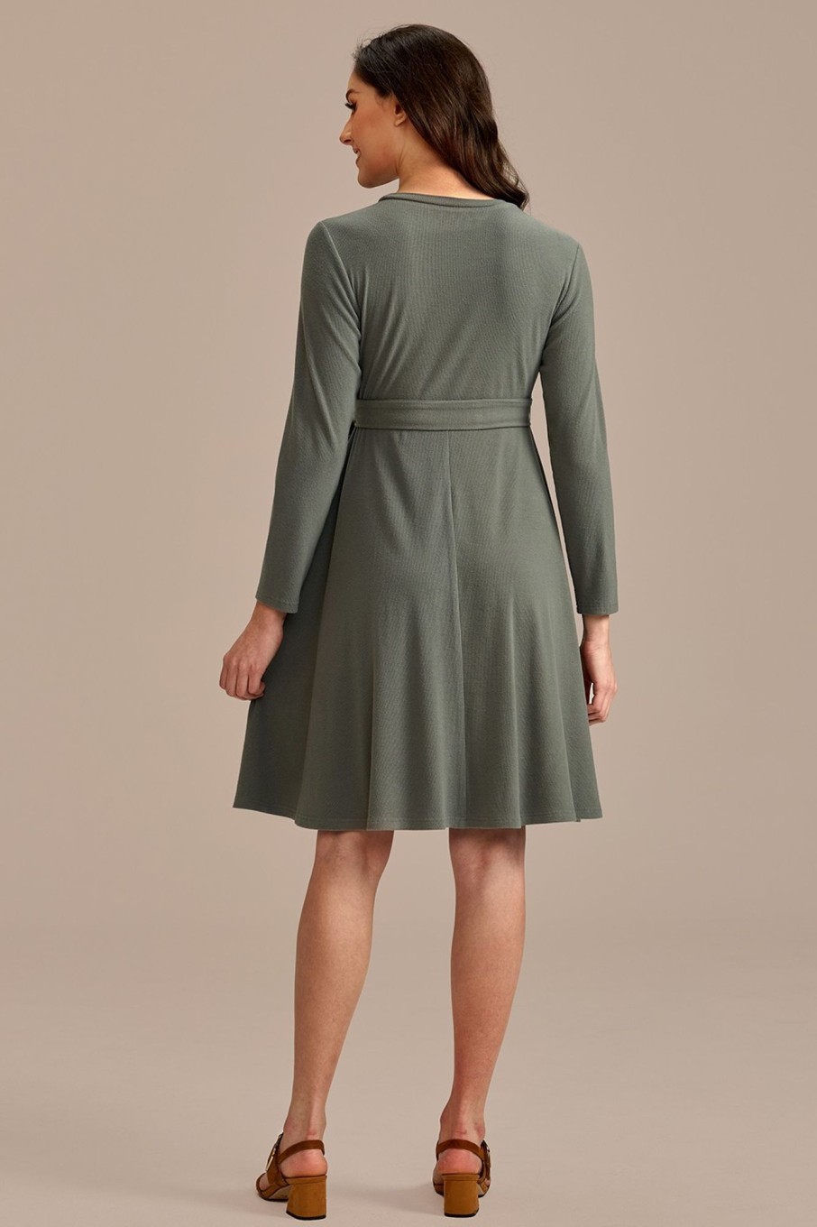 Online Knit Long Sleeve Round Neck Tie Waist Midi Dress Green