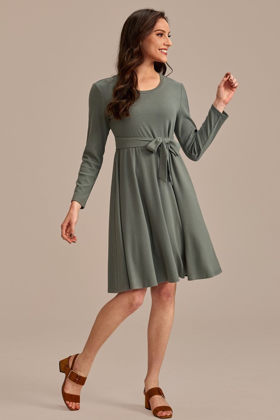 Online Knit Long Sleeve Round Neck Tie Waist Midi Dress Green