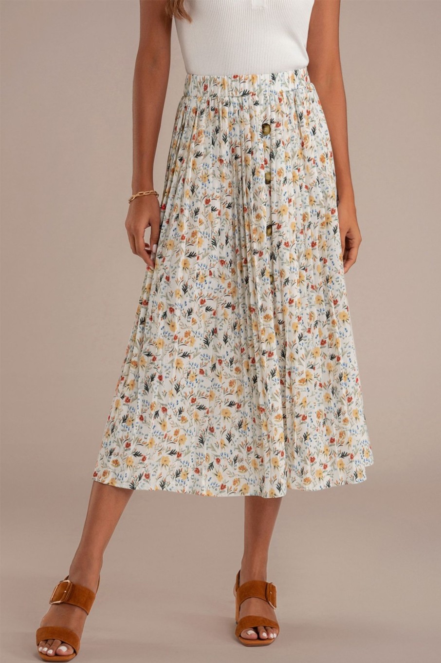 Wholesale Elastic Waist Buttons Midi Skirt Floral