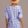 New Plaid Round Neck Puff Short Sleeve Blouse Blue