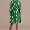 Clearance 3/4 Length Sleeve Round Neck Rayon Midi Dress With Pockets Green