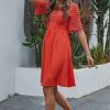 Best Half Sleeve Round Neck Lace Overlay Bodice Midi Dress Orange