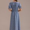 Hot Floral Short Elastic Ruffle Sleeve V Neck Maxi Dress Blue