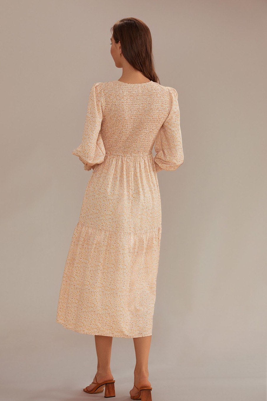 Online Long Sleeve Round Neck Smocked Tiered Midi Dress Floral