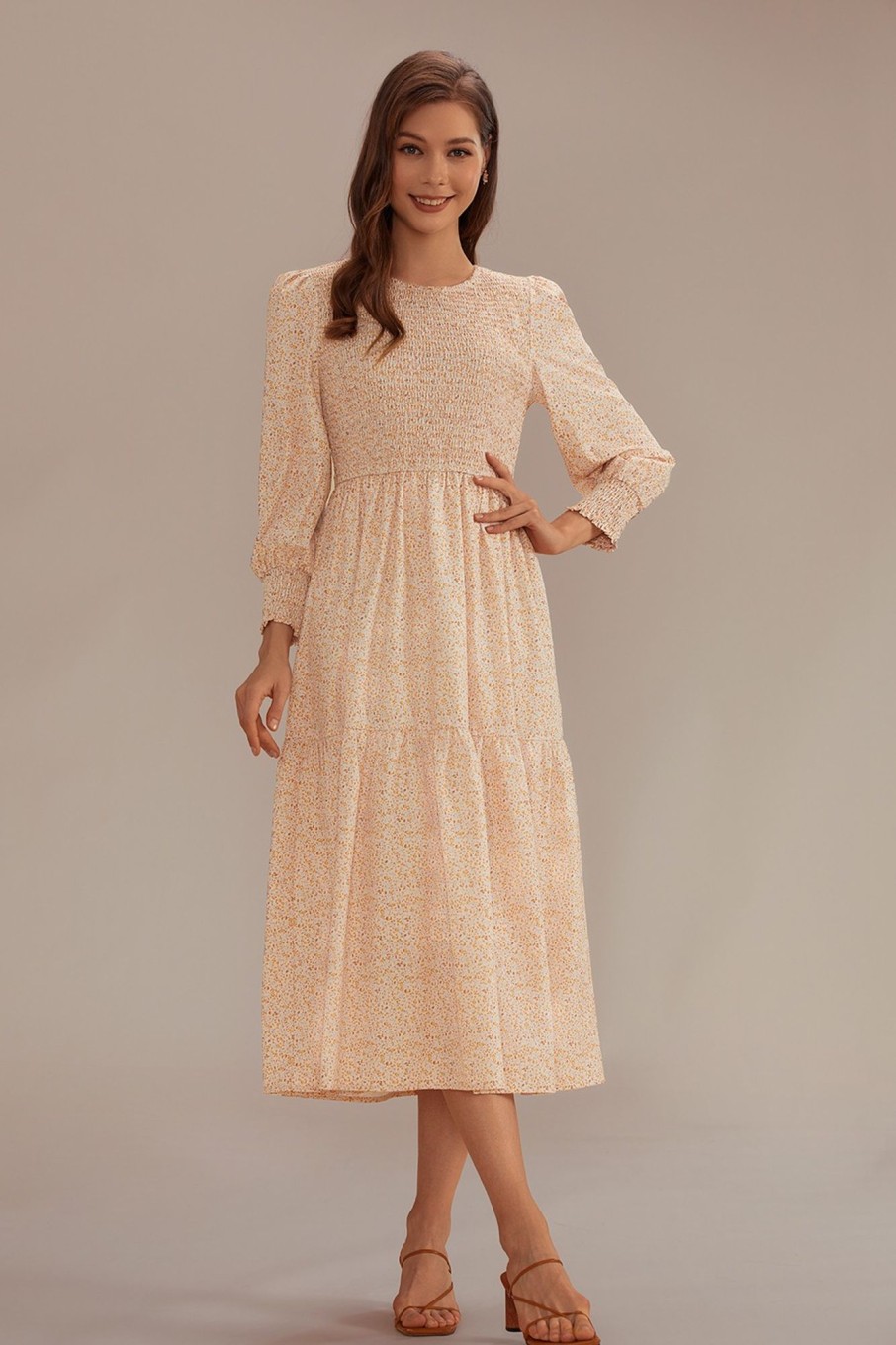 Online Long Sleeve Round Neck Smocked Tiered Midi Dress Floral