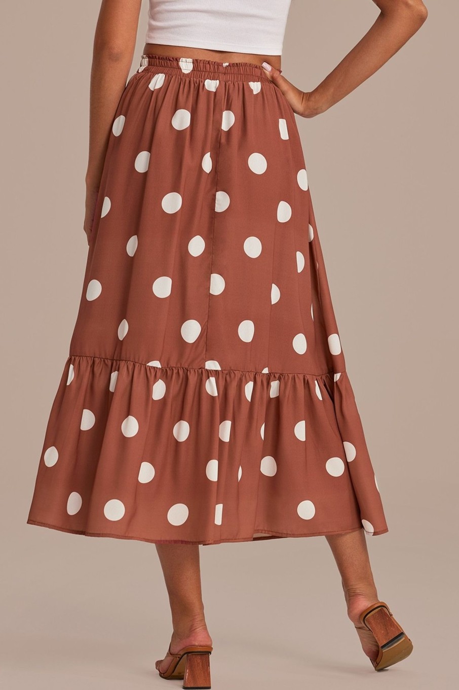 Hot Polka Dots Elastic Waist Tiered Midi Skirt Brown