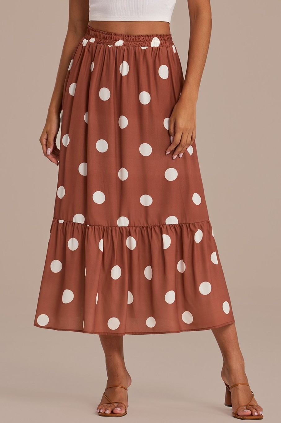 Hot Polka Dots Elastic Waist Tiered Midi Skirt Brown