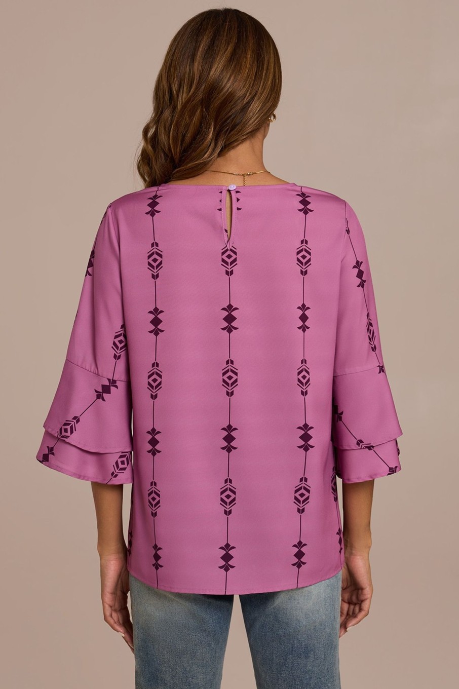 Wholesale Fuchsia Half Trumpet Sleeve Round Neck Blouse Multi