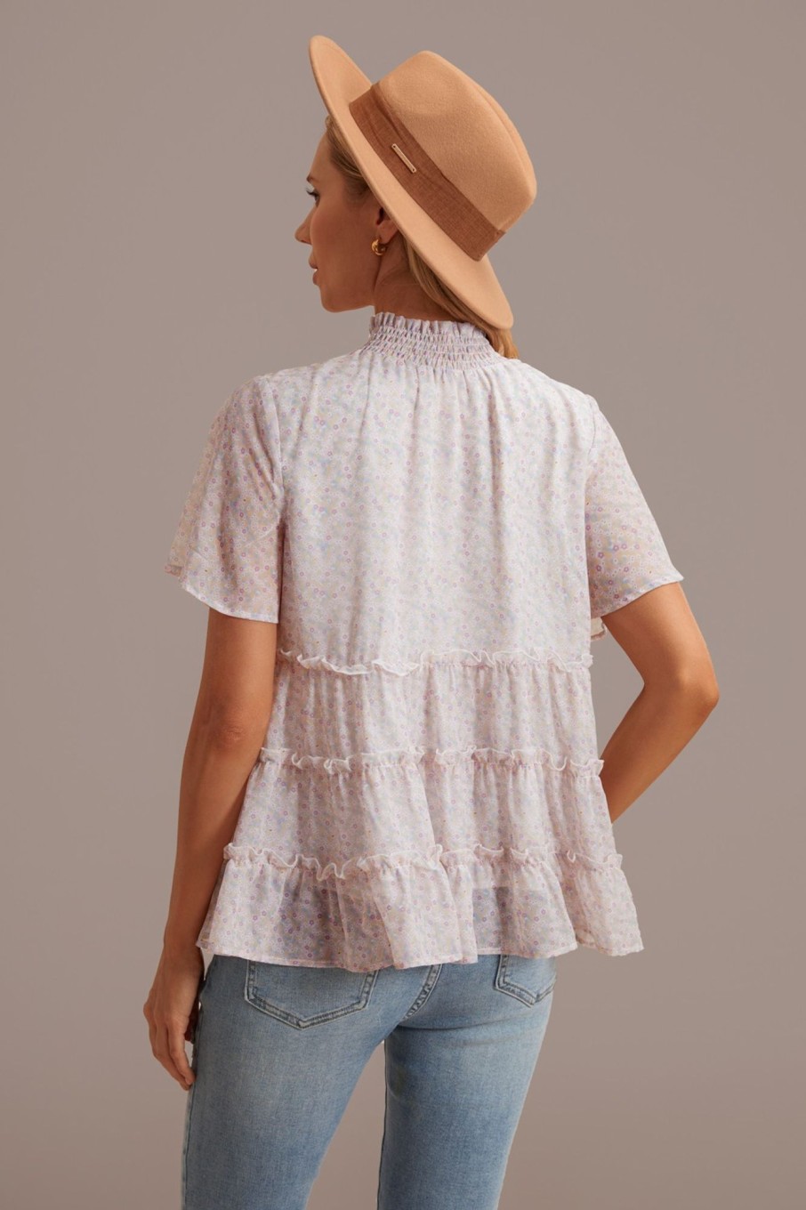 New Light Pink Smocked High Neck Short Sleeve Blouse Floral