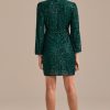 Clearance Sequin Long Sleeve V Neck Tie Waist Mini Dress Green