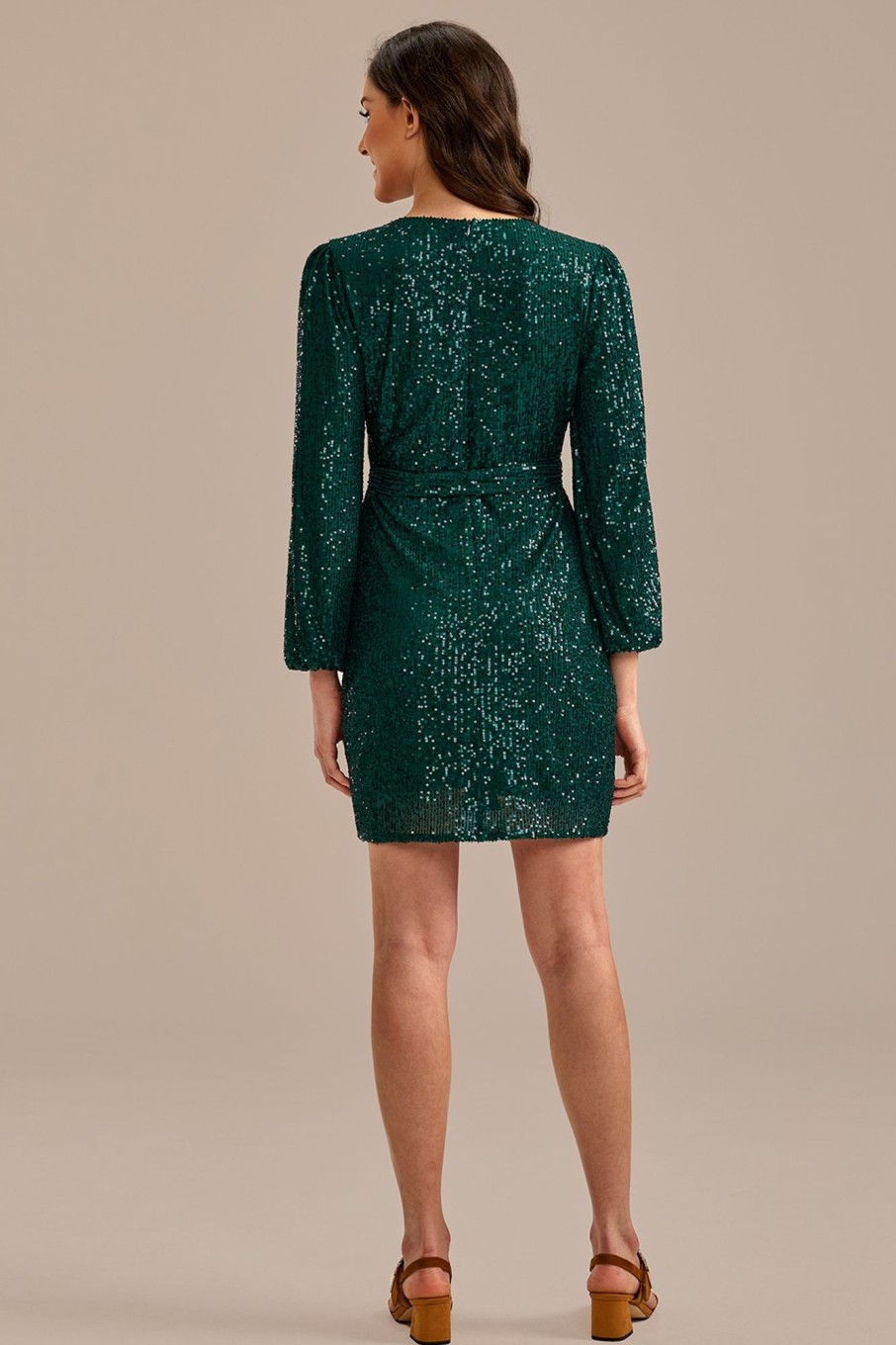 Clearance Sequin Long Sleeve V Neck Tie Waist Mini Dress Green