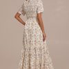 New Floral Round Neck Short Sleeve Smocked Tiered Midi Dress Multi