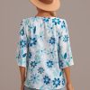 Online Floral V Neck Loose Half Sleeve Blouse Teal Blue