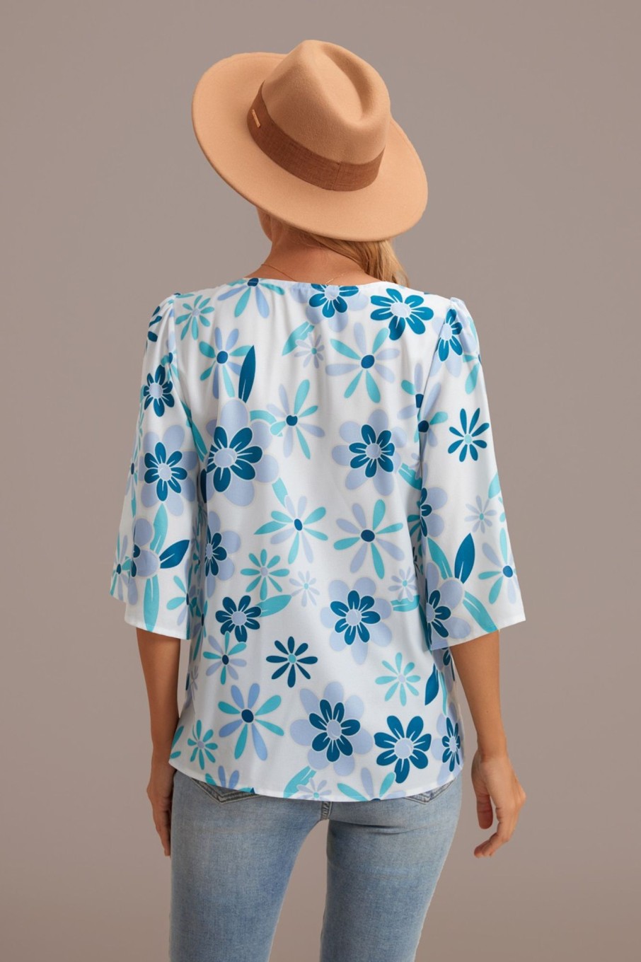 Online Floral V Neck Loose Half Sleeve Blouse Teal Blue