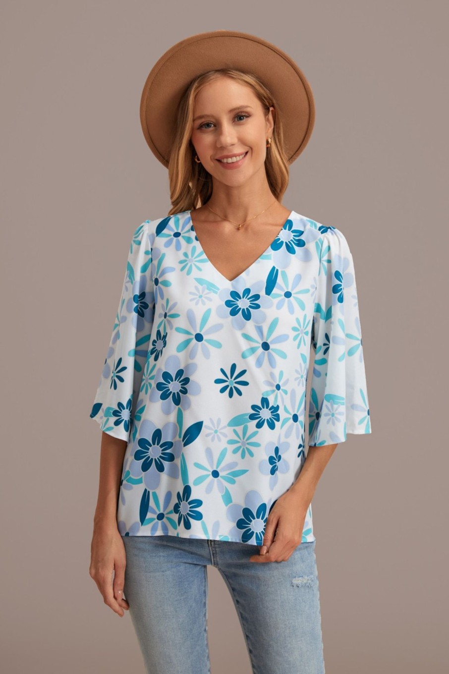 Online Floral V Neck Loose Half Sleeve Blouse Teal Blue