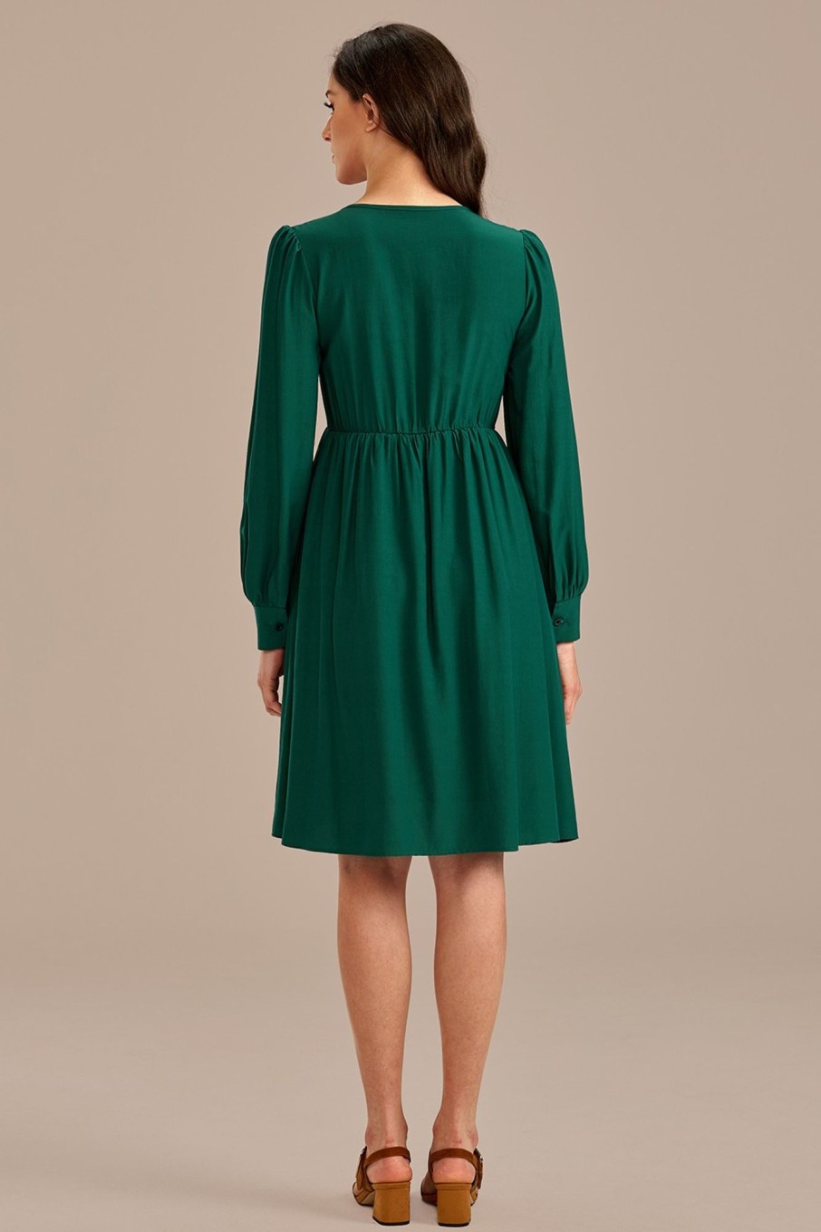 Hot Long Puff Sleeve Round Neck Midi Dress Green