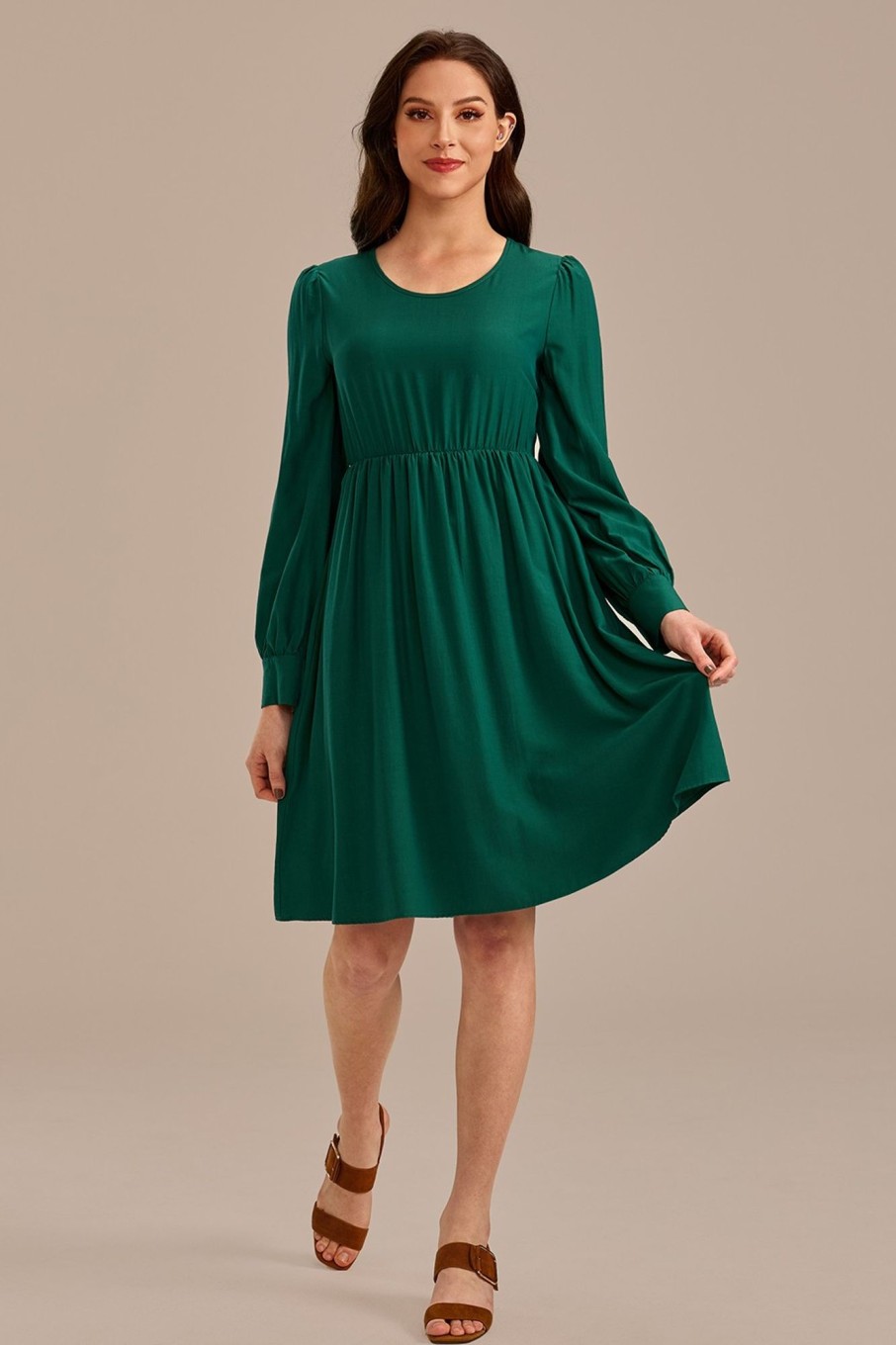 Hot Long Puff Sleeve Round Neck Midi Dress Green