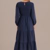 Best Long Sleeve Round Neck Smocked Tiered Maxi Dress Blue