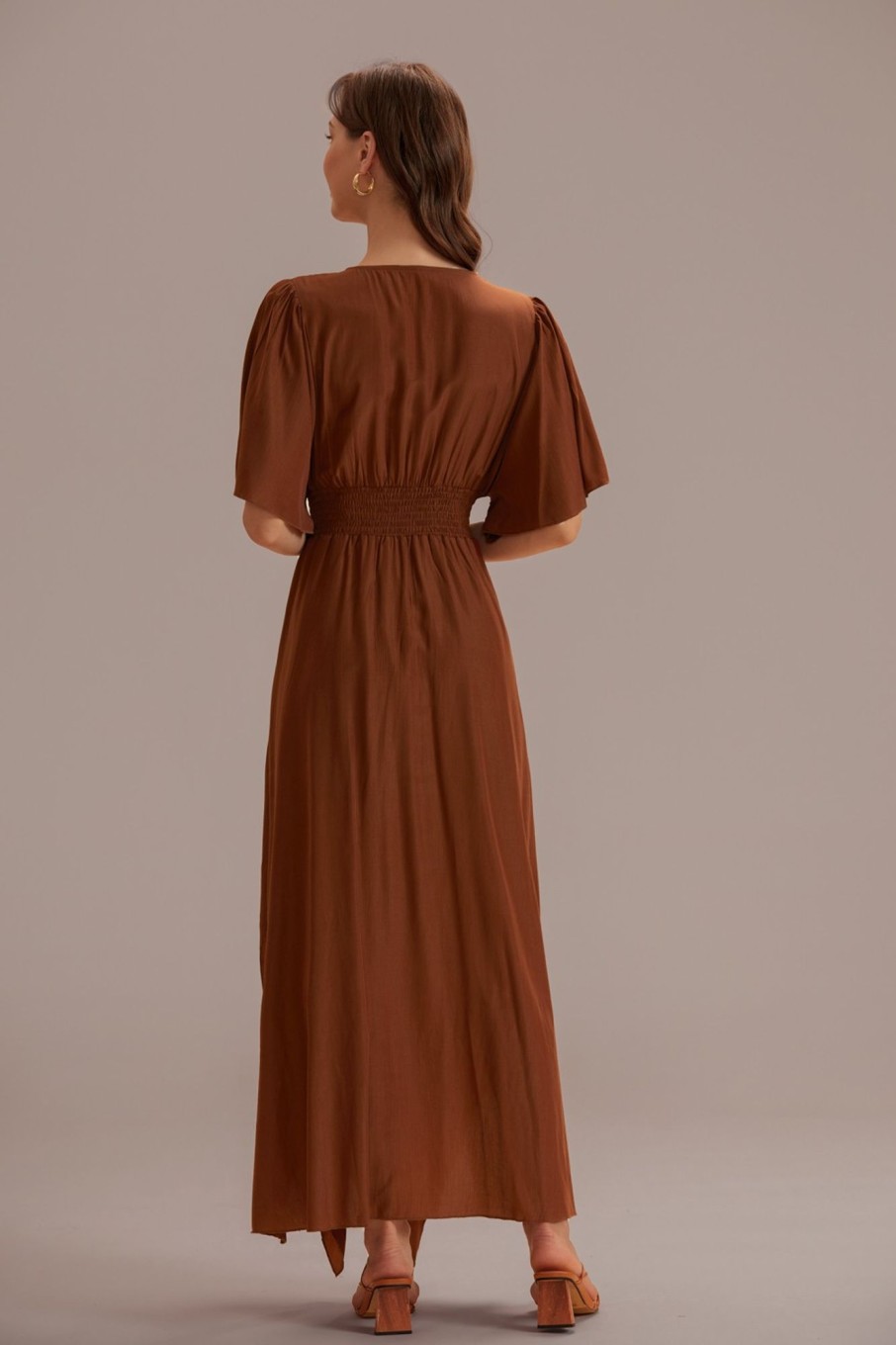 Online Short Sleeve Sweetheart Neck Maxi Dress Coffee