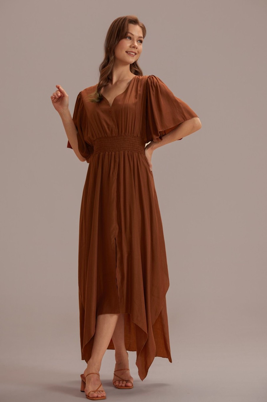 Online Short Sleeve Sweetheart Neck Maxi Dress Coffee