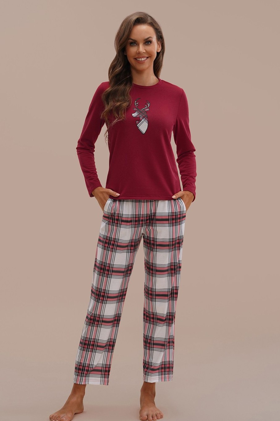 Wholesale Fireside Plaid Long Sleeve Round Neck Pj Set Multi