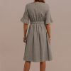 Clearance 3/4 Length Ruffle Sleeve V Neck Elastic Waist Button Midi Dress