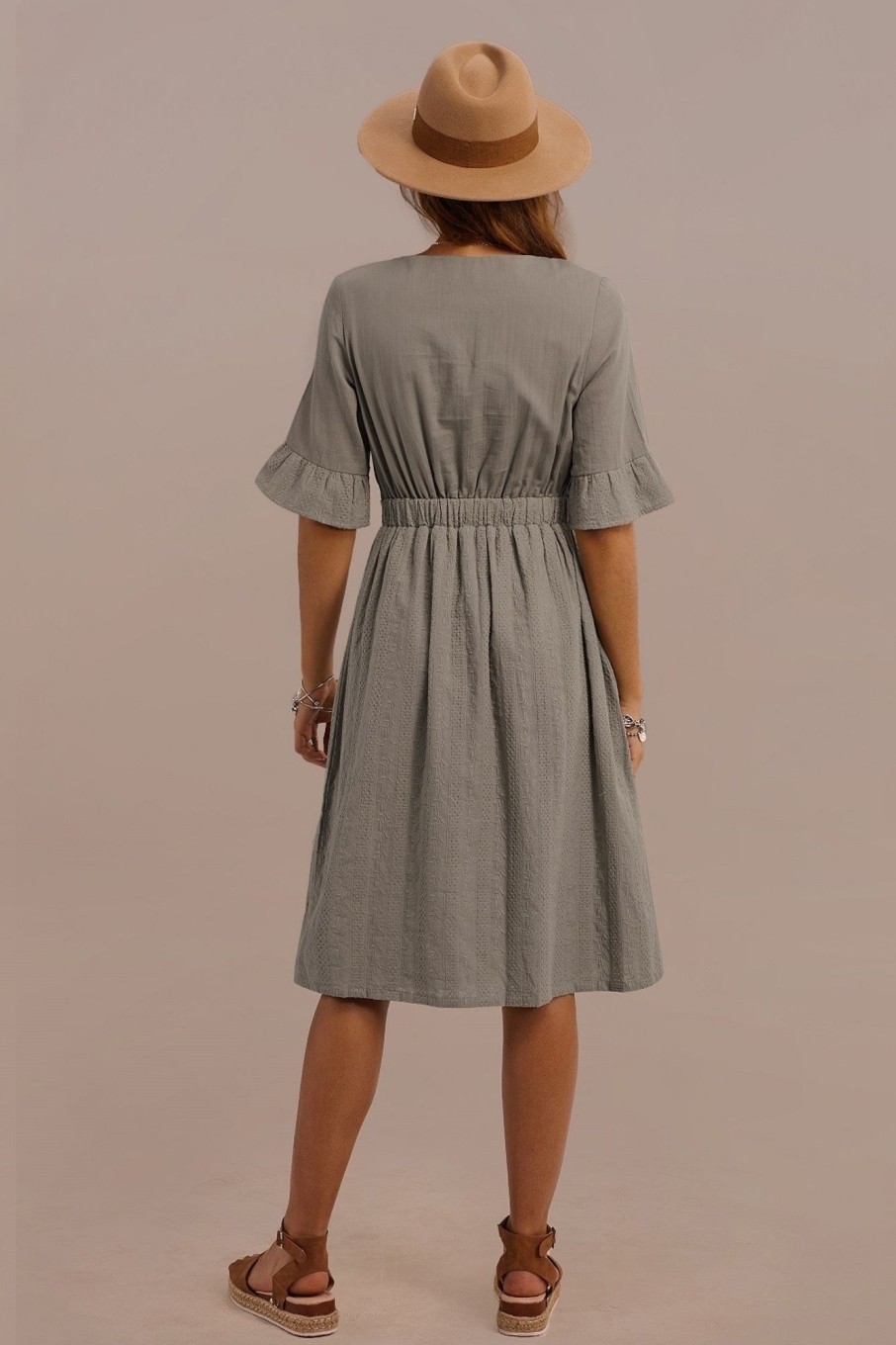 Clearance 3/4 Length Ruffle Sleeve V Neck Elastic Waist Button Midi Dress