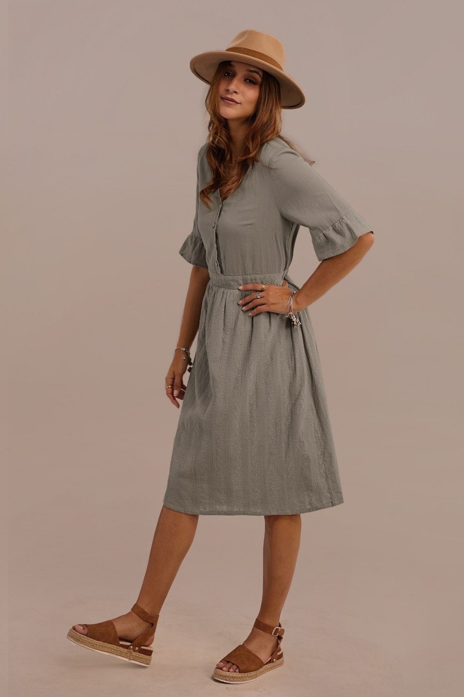 Clearance 3/4 Length Ruffle Sleeve V Neck Elastic Waist Button Midi Dress