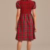 Clearance Plaid Short Sleeve Round Neck Smocked Midi Dress Red