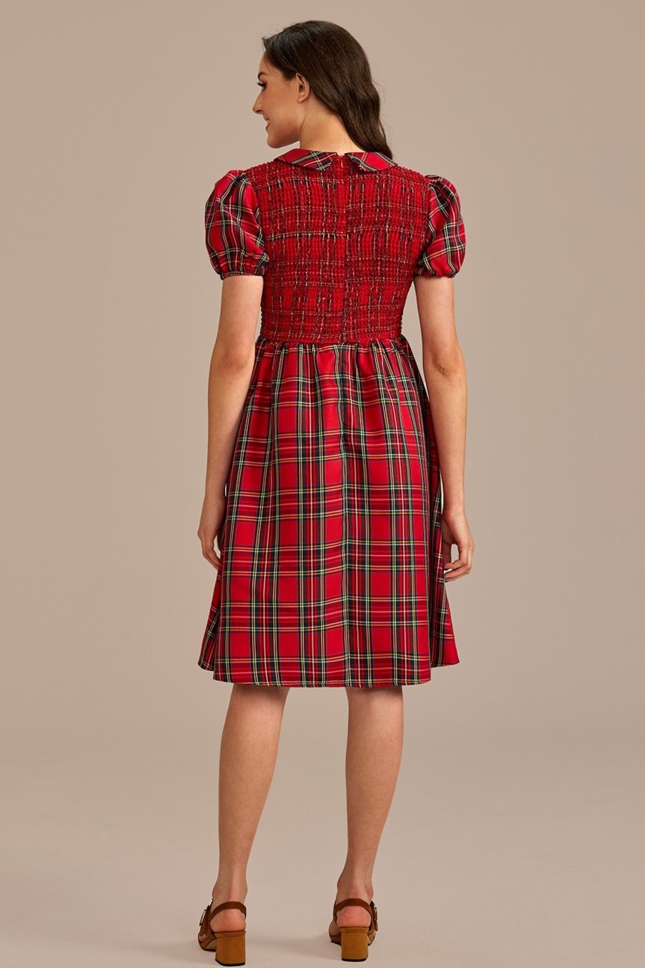 Clearance Plaid Short Sleeve Round Neck Smocked Midi Dress Red