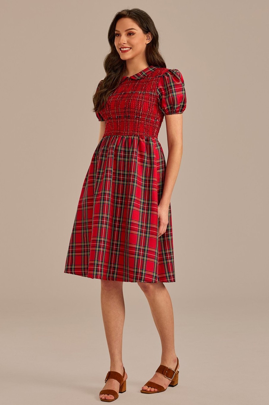 Clearance Plaid Short Sleeve Round Neck Smocked Midi Dress Red