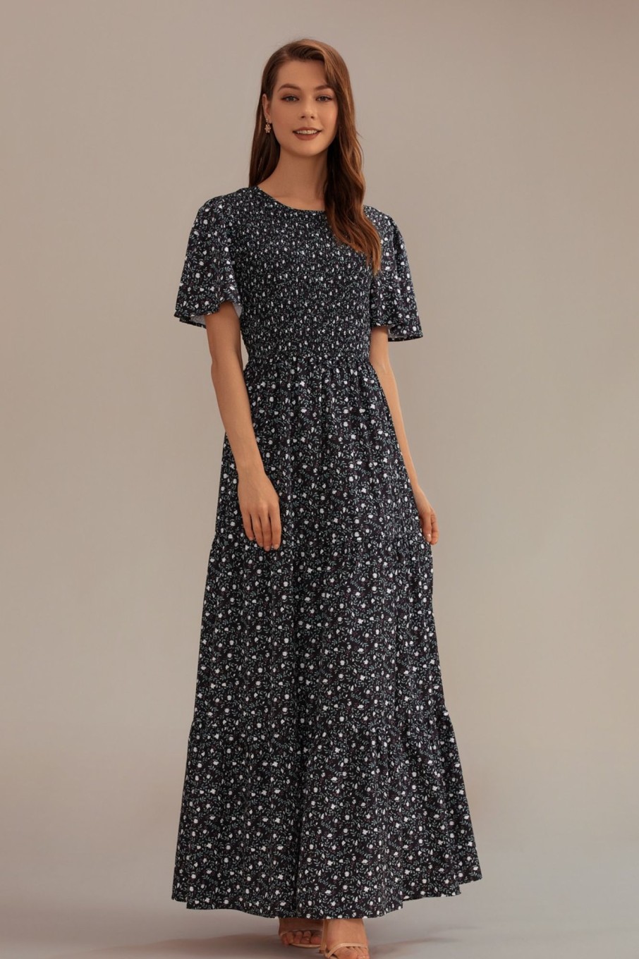 Clearance Short Sleeve Round Neck Smocked Maxi Dress Black