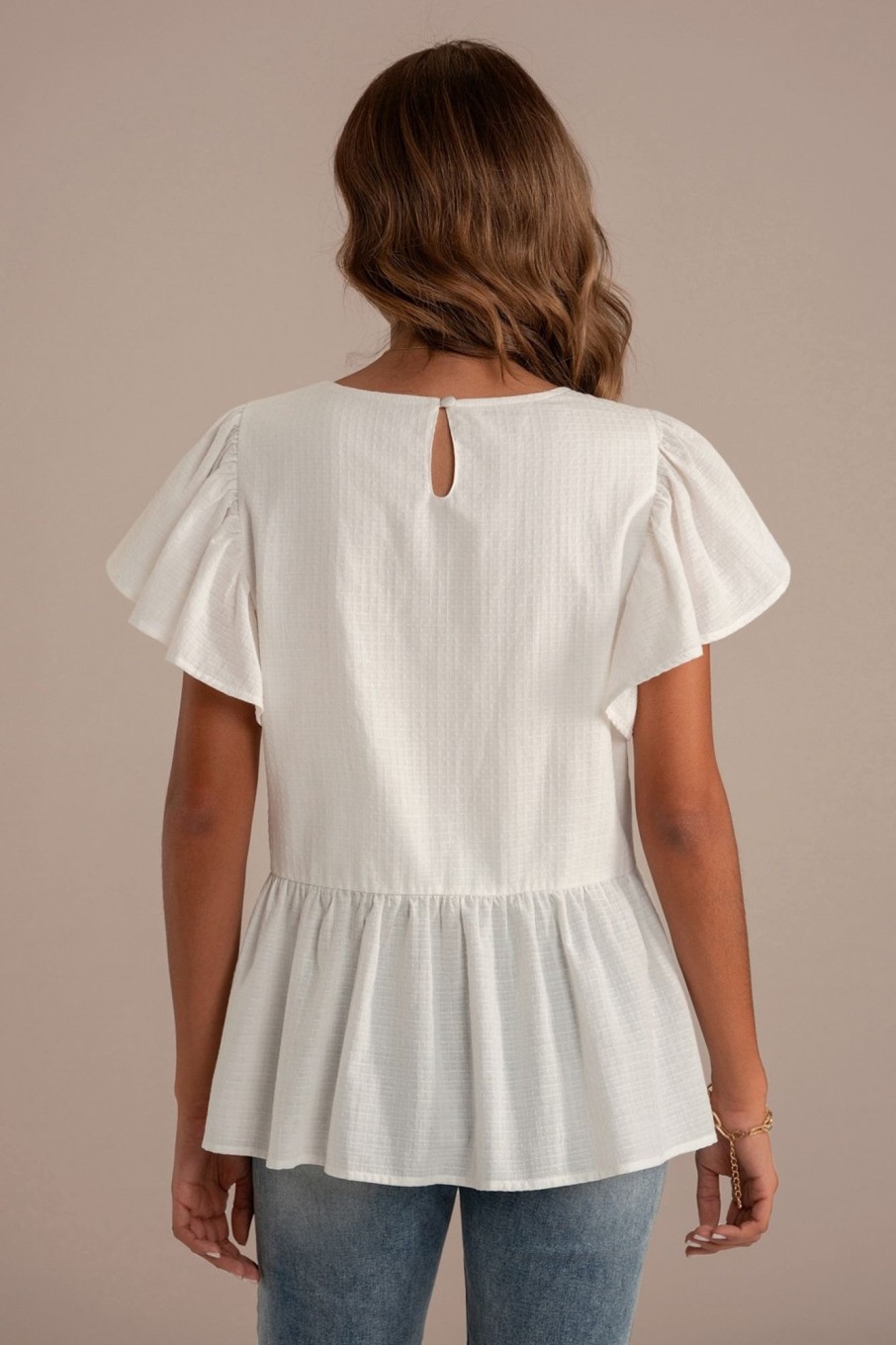 Clearance Ruffle Short Sleeve Round Neck Blouse White