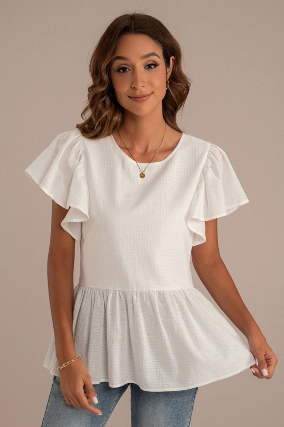 Clearance Ruffle Short Sleeve Round Neck Blouse White