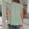 Hot Plaid Short Sleeve V Neck Buttons Ruffle Top Sage